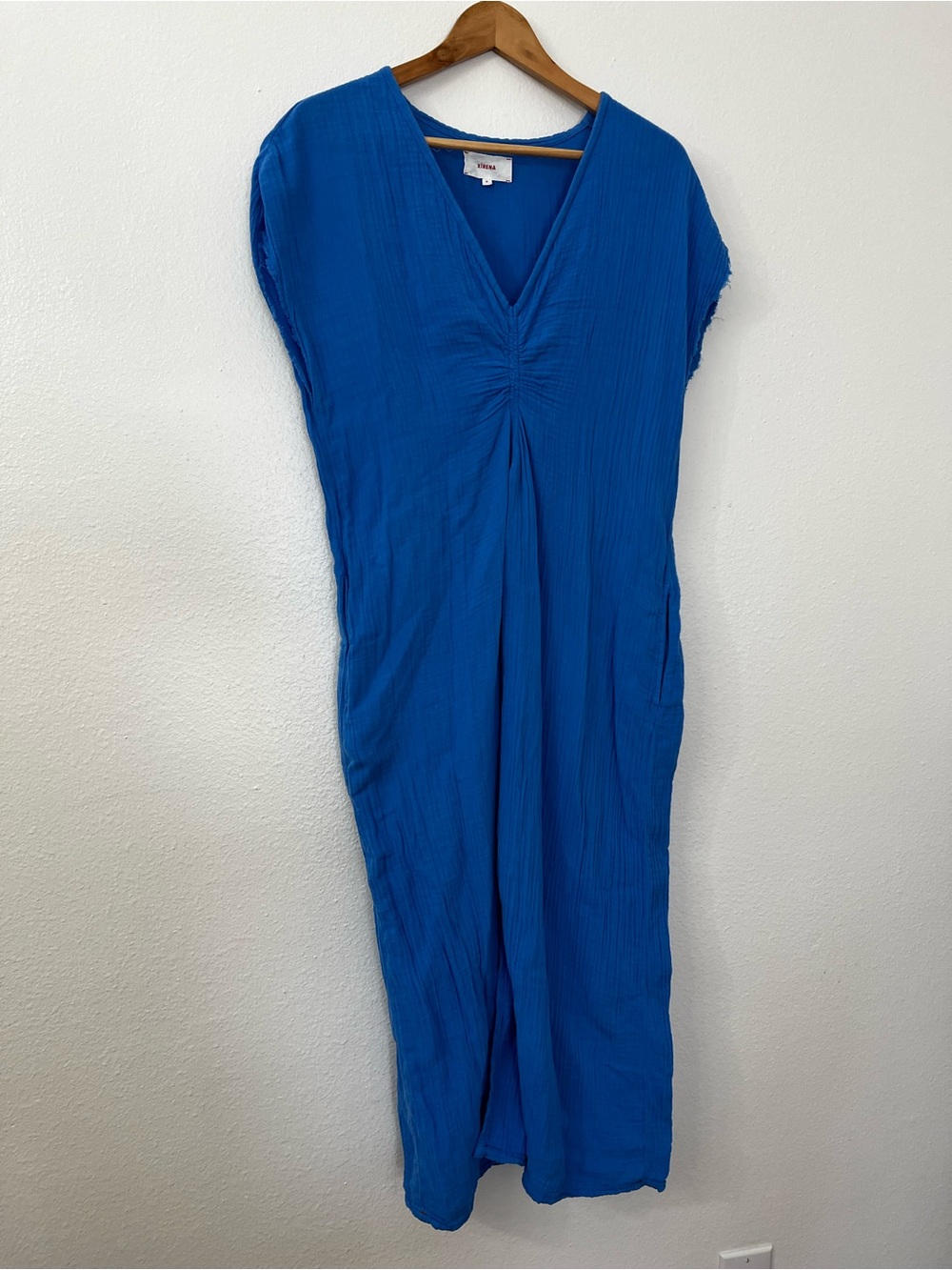XiRENA Cobalt Blue V-Neck Midi Dress with Gathered Front Cotton Gauze